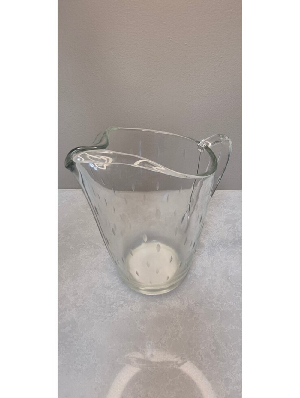 Vintage Mid-Century Clear Glass Pitcher w/ Cut Leaf Motif & Ice Lip